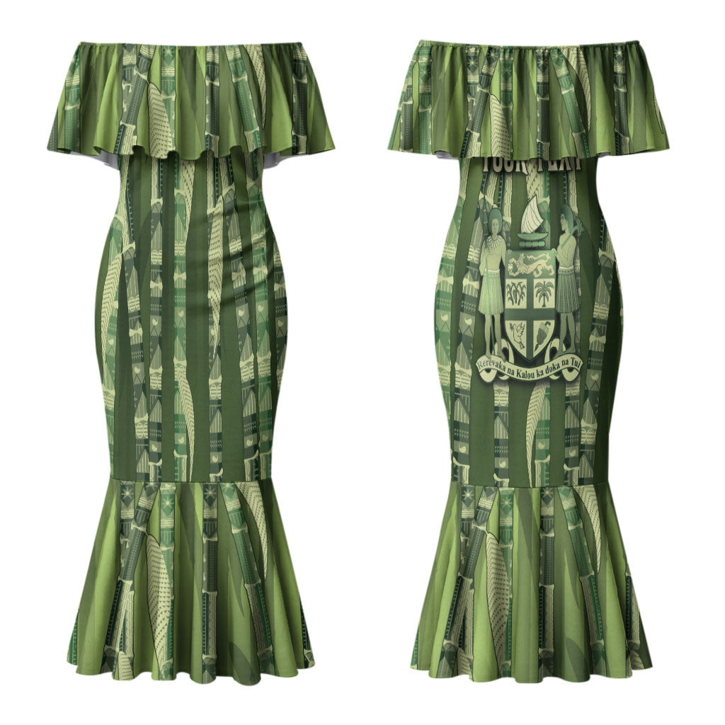 Personalised Fiji Language Week Sugarcane Masi Couples Matching Mermaid Dress and Long Sleeve Button Shirt Green Tapa Tribal Pattern