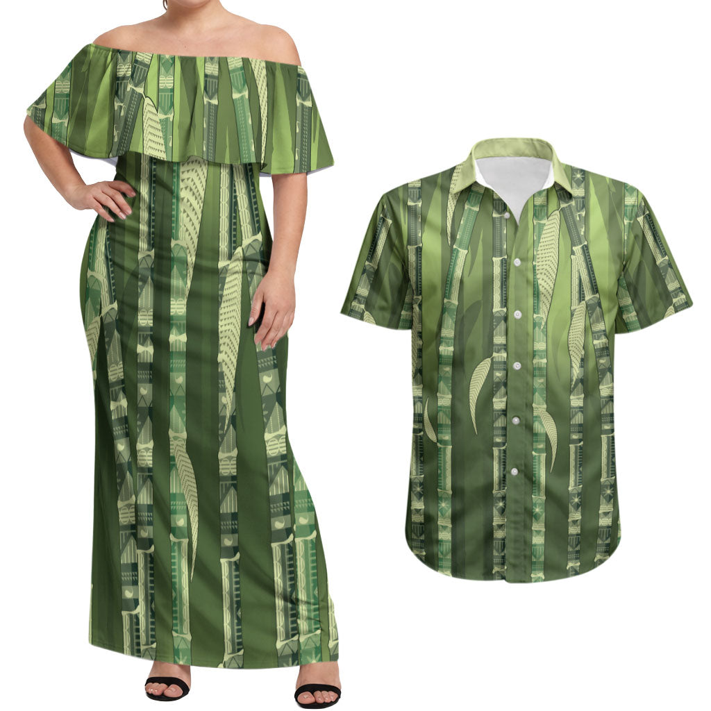 Personalised Fiji Language Week Sugarcane Masi Couples Matching Off Shoulder Maxi Dress and Hawaiian Shirt Green Tapa Tribal Pattern