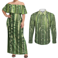Personalised Fiji Language Week Sugarcane Masi Couples Matching Off Shoulder Maxi Dress and Long Sleeve Button Shirt Green Tapa Tribal Pattern