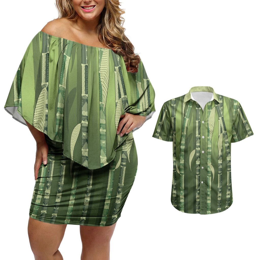 Personalised Fiji Language Week Sugarcane Masi Couples Matching Off Shoulder Short Dress and Hawaiian Shirt Green Tapa Tribal Pattern