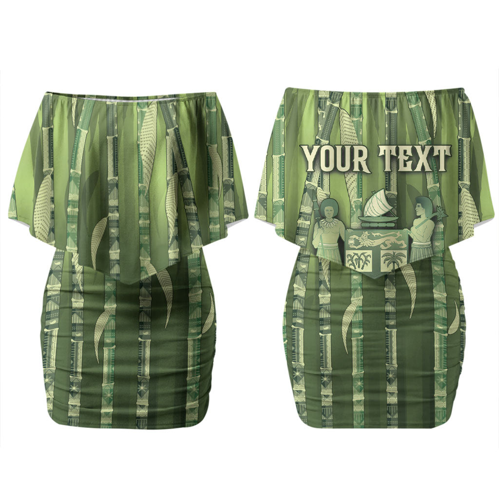 Personalised Fiji Language Week Sugarcane Masi Couples Matching Off Shoulder Short Dress and Hawaiian Shirt Green Tapa Tribal Pattern