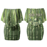 Personalised Fiji Language Week Sugarcane Masi Couples Matching Off Shoulder Short Dress and Long Sleeve Button Shirt Green Tapa Tribal Pattern