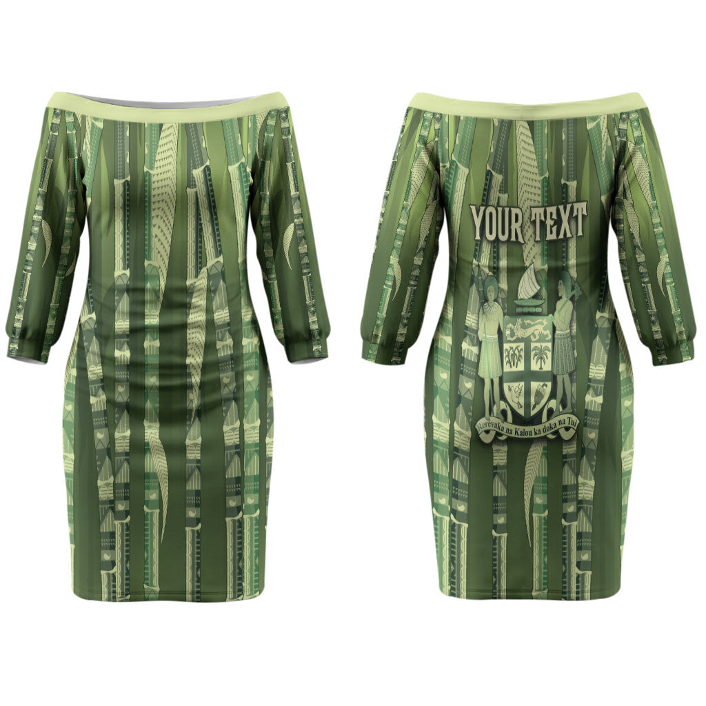 Personalised Fiji Language Week Sugarcane Masi Couples Matching Off The Shoulder Long Sleeve Dress and Hawaiian Shirt Green Tapa Tribal Pattern