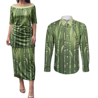 Personalised Fiji Language Week Sugarcane Masi Couples Matching Puletasi and Long Sleeve Button Shirt Green Tapa Tribal Pattern