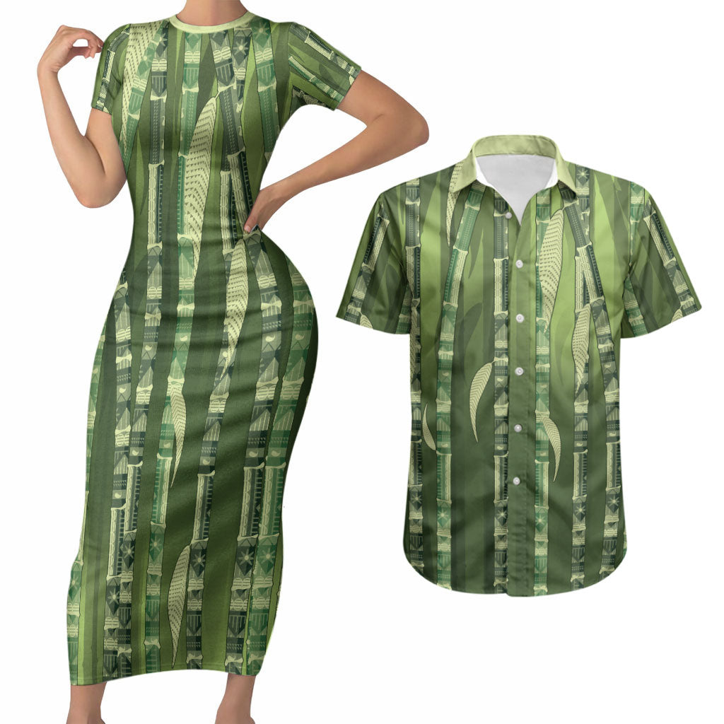 Personalised Fiji Language Week Sugarcane Masi Couples Matching Short Sleeve Bodycon Dress and Hawaiian Shirt Green Tapa Tribal Pattern DT05 Green - Polynesian Pride