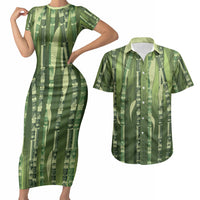 Personalised Fiji Language Week Sugarcane Masi Couples Matching Short Sleeve Bodycon Dress and Hawaiian Shirt Green Tapa Tribal Pattern