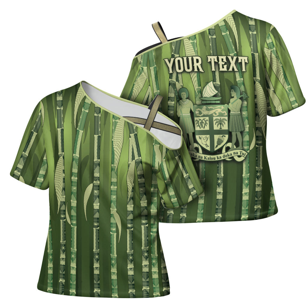 Personalised Fiji Language Week Sugarcane Masi Cross Shoulder Shirt Green Tapa Tribal Pattern