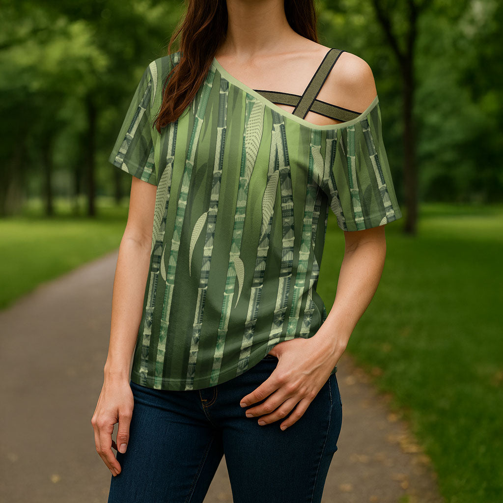 Personalised Fiji Language Week Sugarcane Masi Cross Shoulder Shirt Green Tapa Tribal Pattern