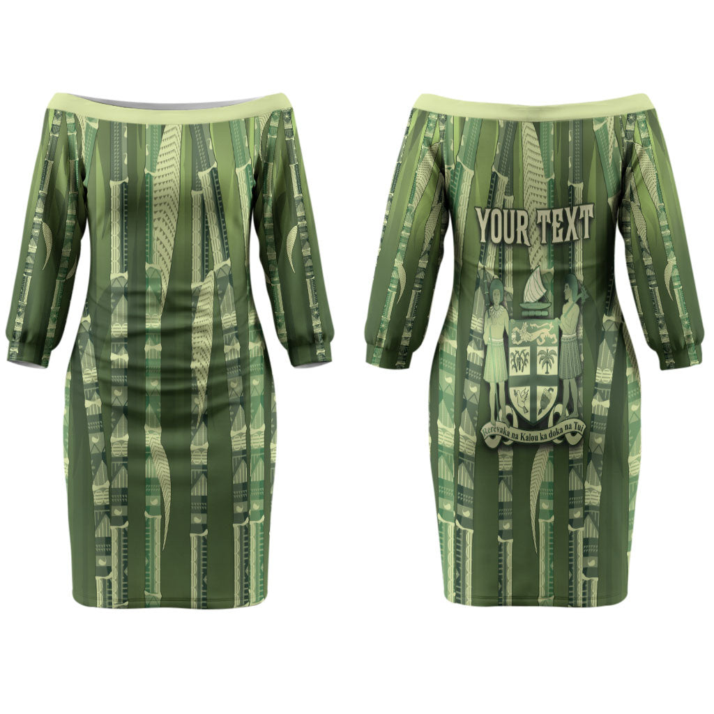 Personalised Fiji Language Week Sugarcane Masi Family Matching Off The Shoulder Long Sleeve Dress and Hawaiian Shirt Green Tapa Tribal Pattern