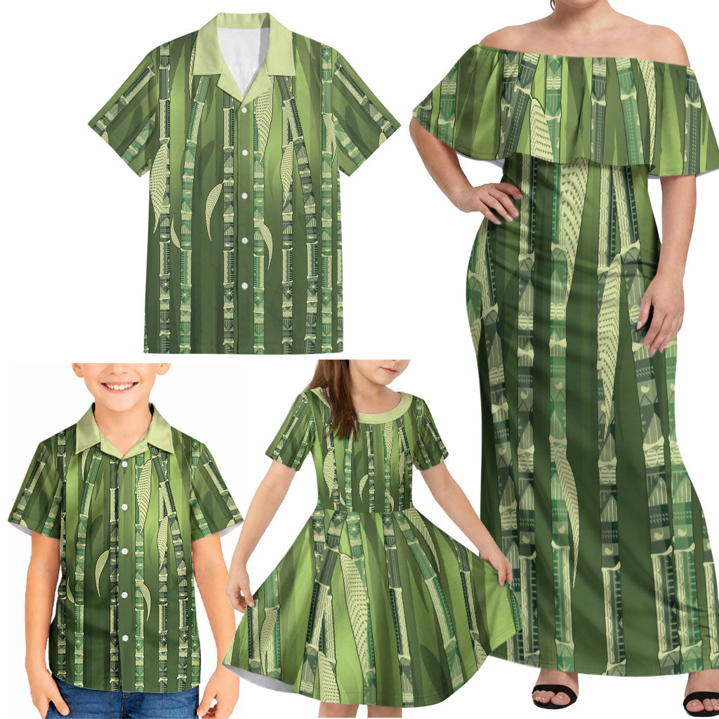 Personalised Fiji Language Week Sugarcane Masi Family Matching Off Shoulder Maxi Dress and Hawaiian Shirt Green Tapa Tribal Pattern DT05 - Polynesian Pride