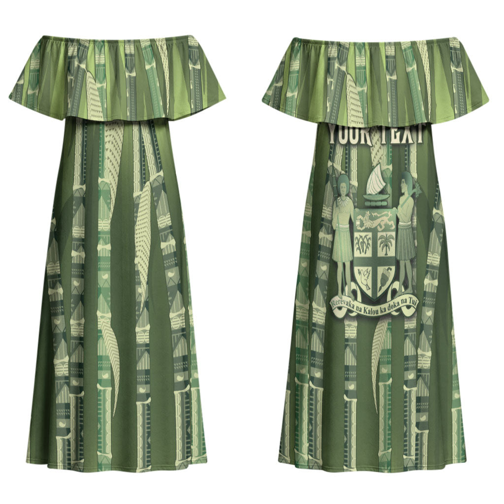 Personalised Fiji Language Week Sugarcane Masi Family Matching Off Shoulder Maxi Dress and Hawaiian Shirt Green Tapa Tribal Pattern