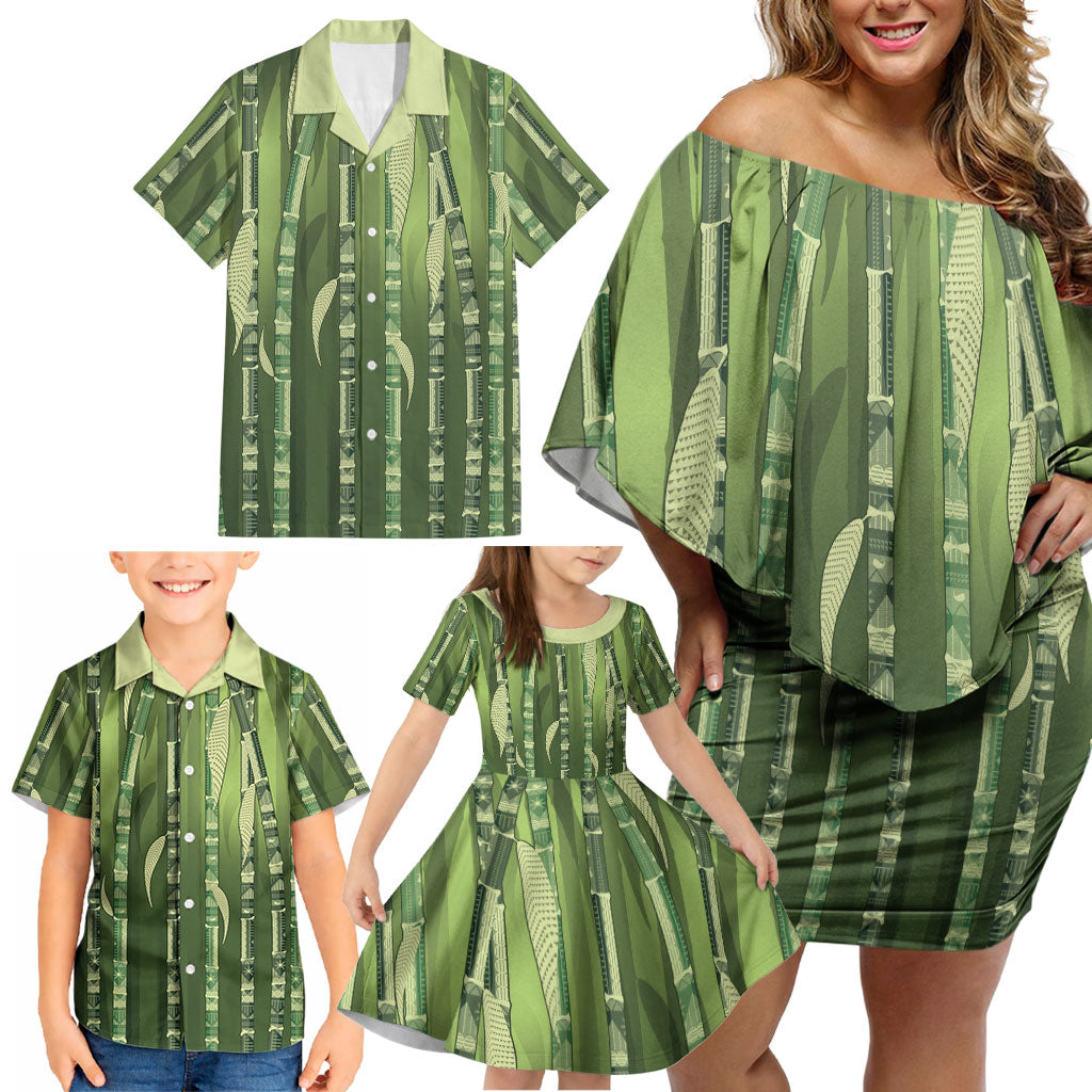 Personalised Fiji Language Week Sugarcane Masi Family Matching Off Shoulder Short Dress and Hawaiian Shirt Green Tapa Tribal Pattern