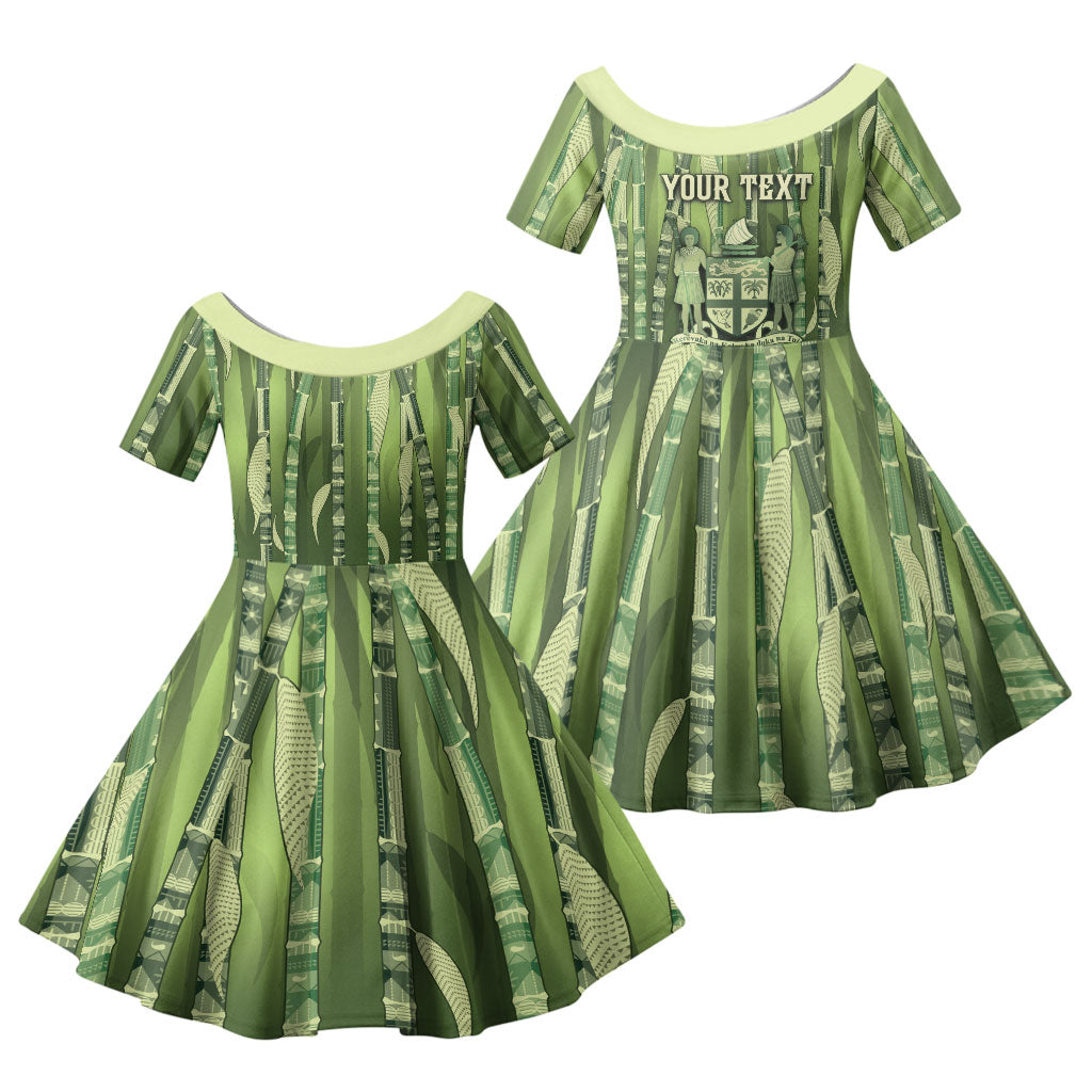 Personalised Fiji Language Week Sugarcane Masi Family Matching Off Shoulder Short Dress and Hawaiian Shirt Green Tapa Tribal Pattern