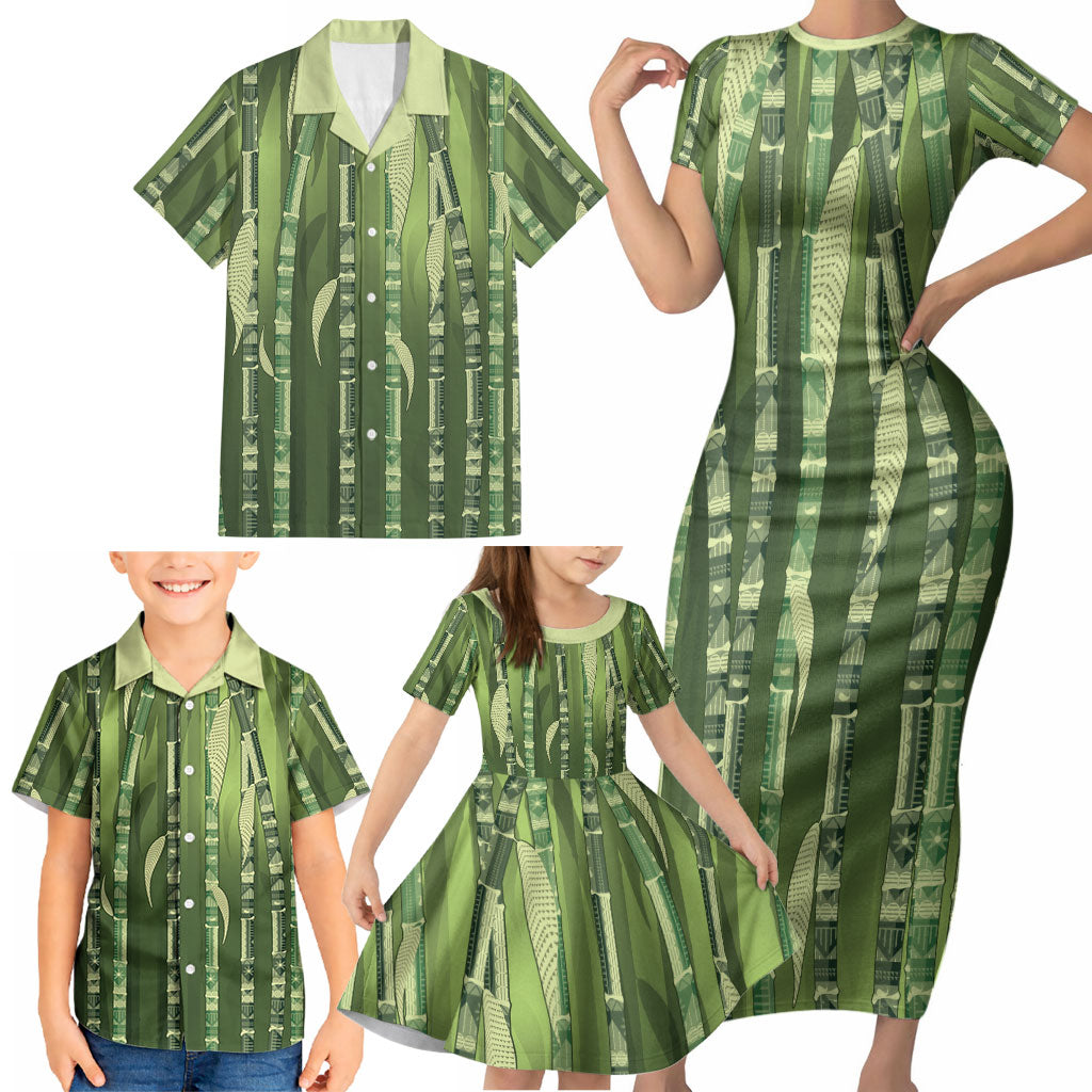 Personalised Fiji Language Week Sugarcane Masi Family Matching Short Sleeve Bodycon Dress and Hawaiian Shirt Green Tapa Tribal Pattern
