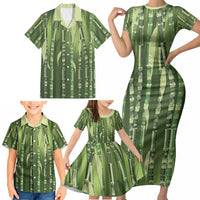 Personalised Fiji Language Week Sugarcane Masi Family Matching Short Sleeve Bodycon Dress and Hawaiian Shirt Green Tapa Tribal Pattern