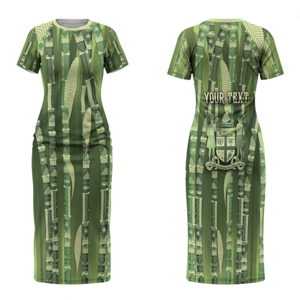 Personalised Fiji Language Week Sugarcane Masi Family Matching Short Sleeve Bodycon Dress and Hawaiian Shirt Green Tapa Tribal Pattern
