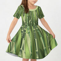Personalised Fiji Language Week Sugarcane Masi Kid Short Sleeve Dress Green Tapa Tribal Pattern