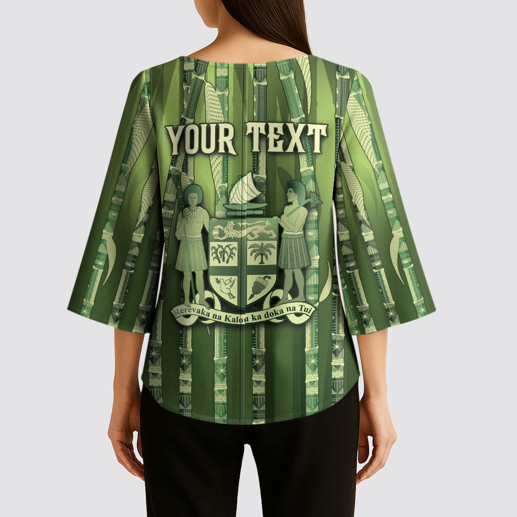 Personalised Fiji Language Week Sugarcane Masi Kimono Sleeve Blouse Green Tapa Tribal Pattern