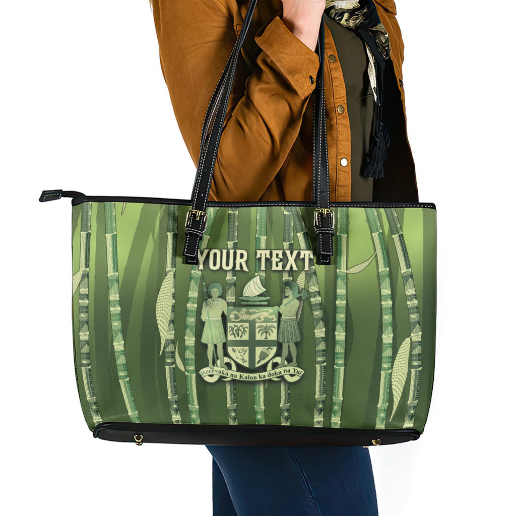 Personalised Fiji Language Week Sugarcane Masi Leather Tote Bag Green Tapa Tribal Pattern