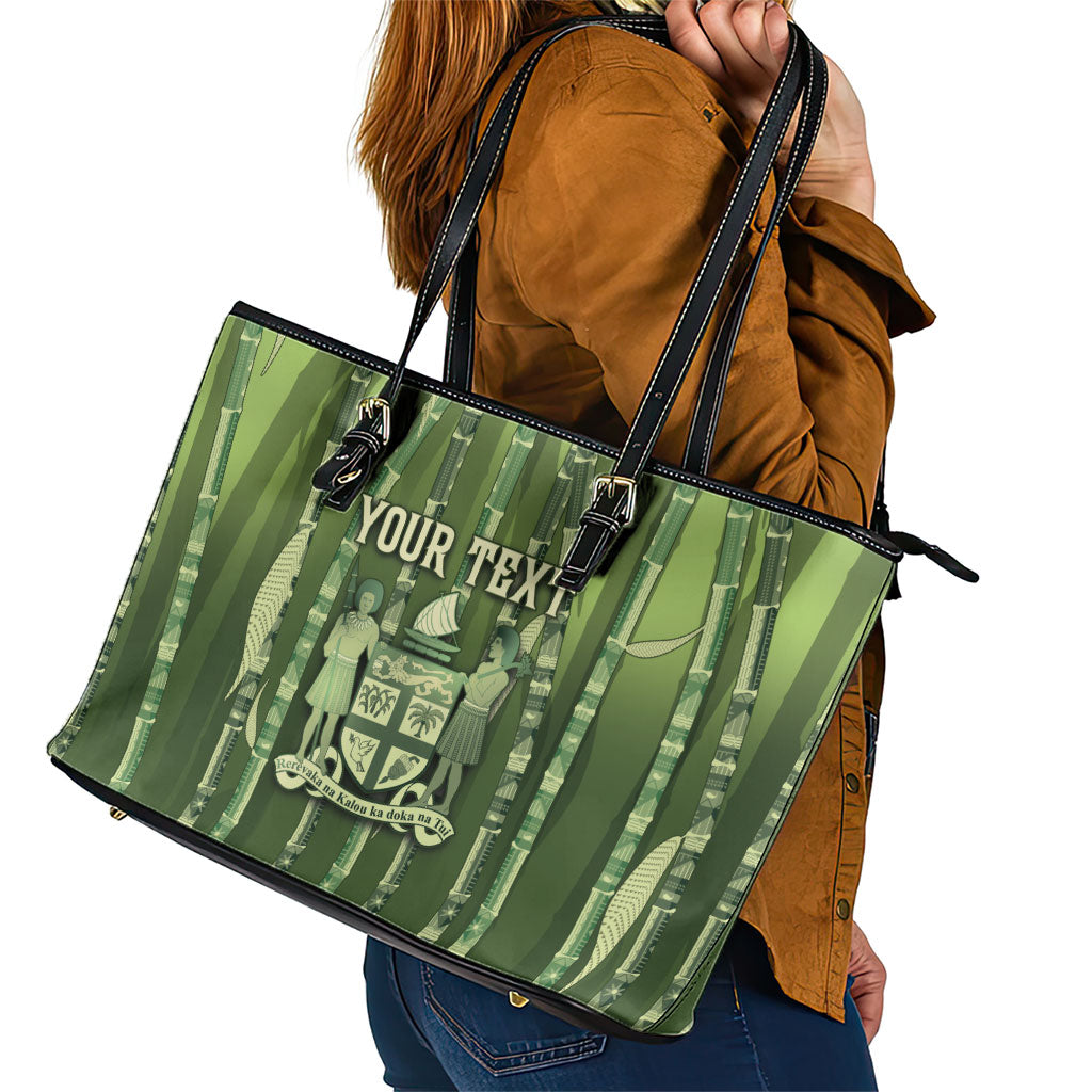 Personalised Fiji Language Week Sugarcane Masi Leather Tote Bag Green Tapa Tribal Pattern