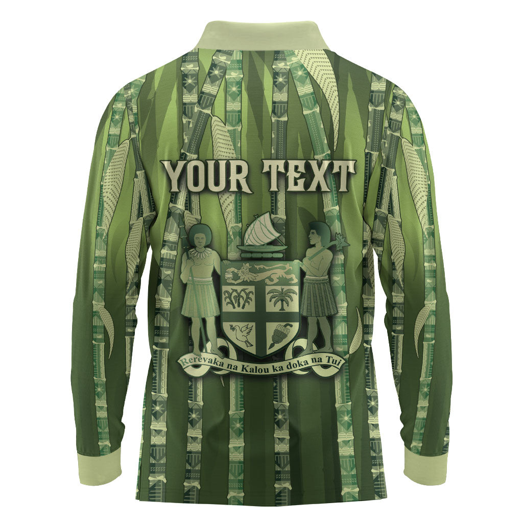 Personalised Fiji Language Week Sugarcane Masi Long Sleeve Polo Shirt Green Tapa Tribal Pattern