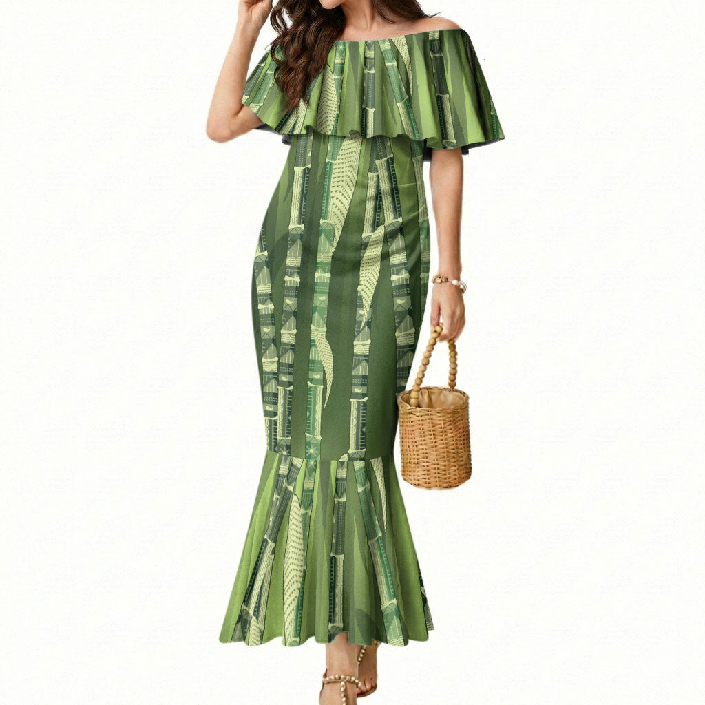 Personalised Fiji Language Week Sugarcane Masi Mermaid Dress Green Tapa Tribal Pattern