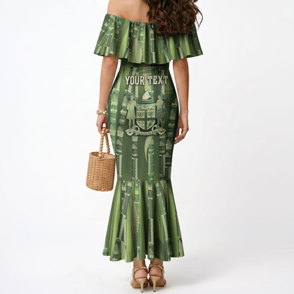 Personalised Fiji Language Week Sugarcane Masi Mermaid Dress Green Tapa Tribal Pattern