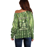 Personalised Fiji Language Week Sugarcane Masi Off Shoulder Sweater Green Tapa Tribal Pattern