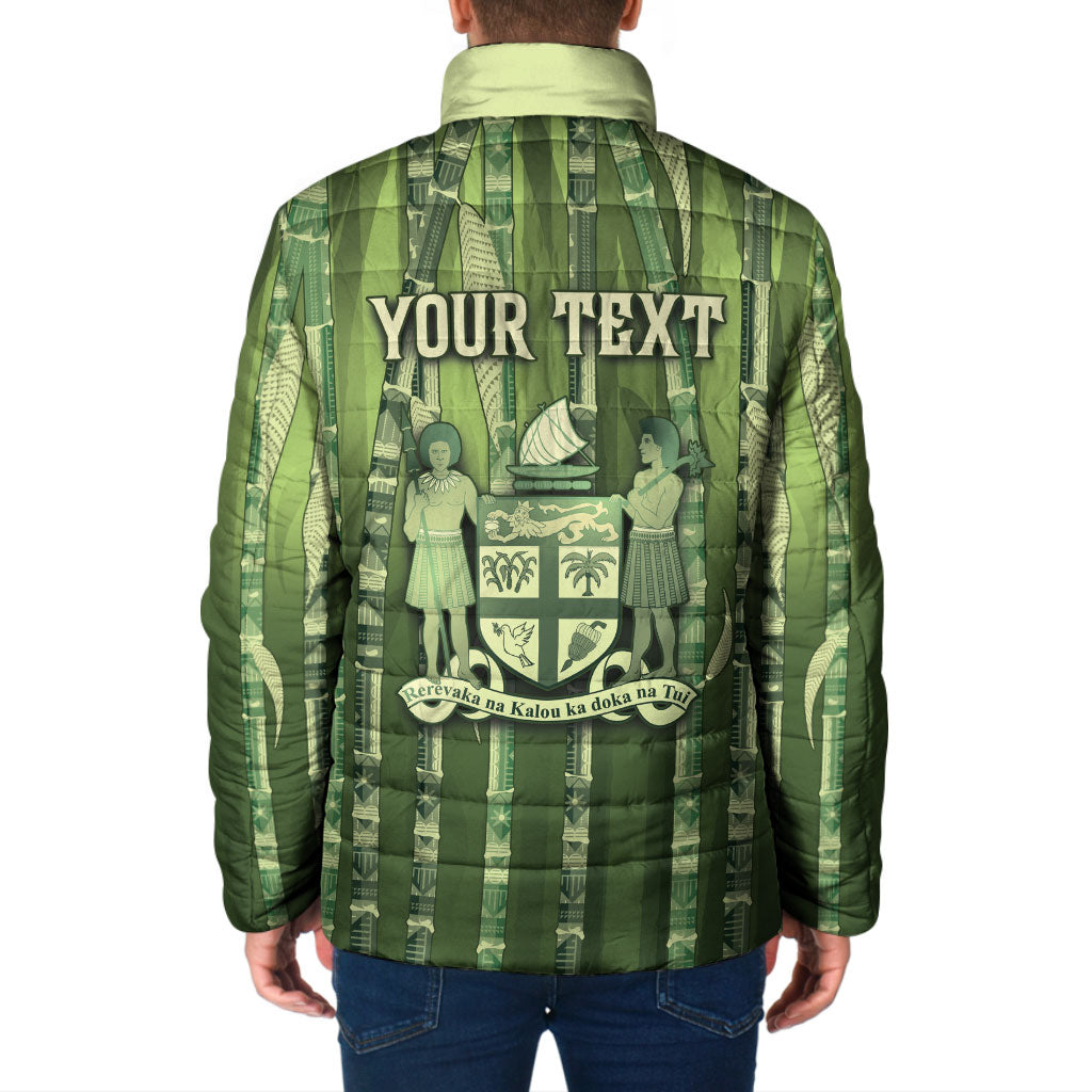 Personalised Fiji Language Week Sugarcane Masi Padded Jacket Green Tapa Tribal Pattern