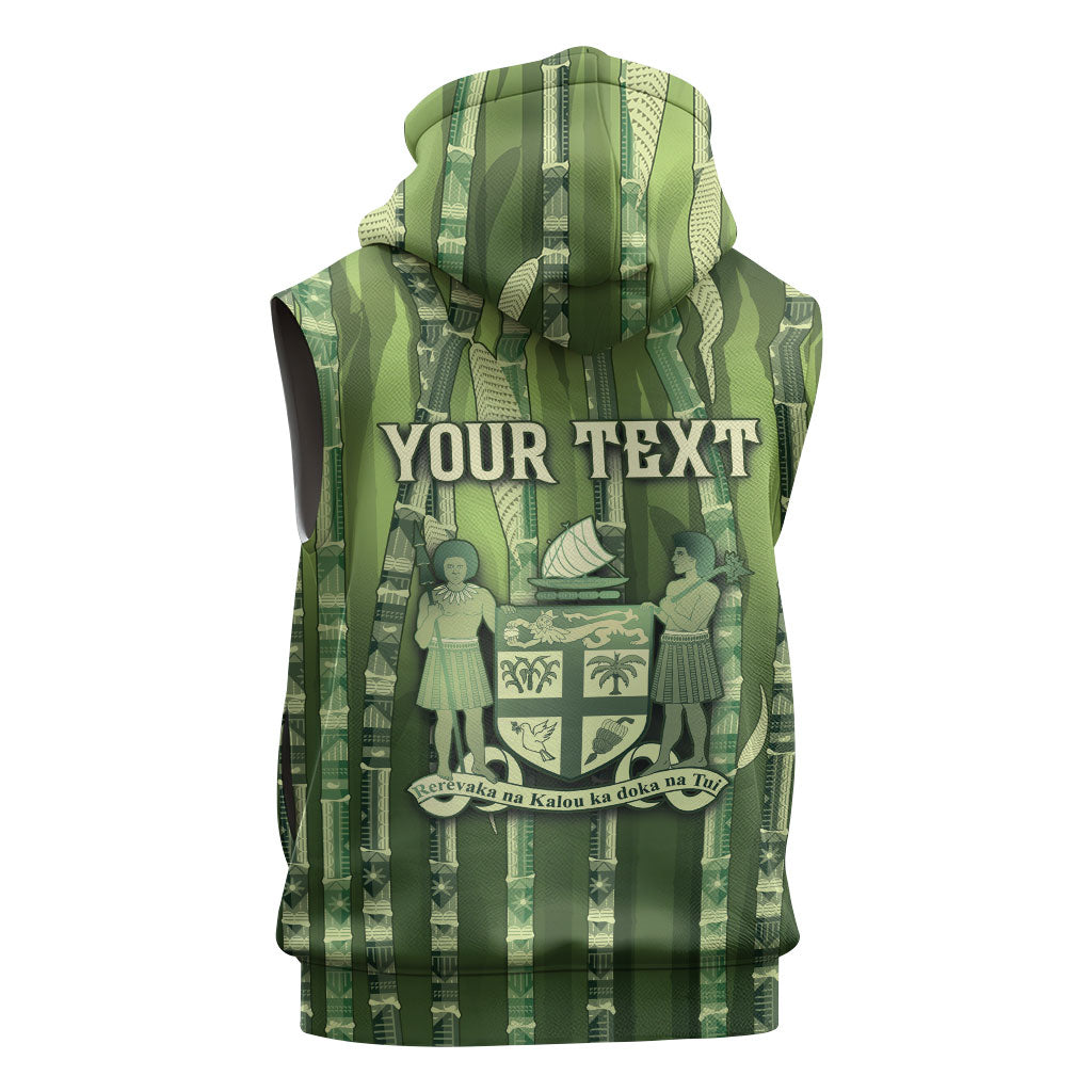 Personalised Fiji Language Week Sugarcane Masi Sleeveless Hoodie Green Tapa Tribal Pattern