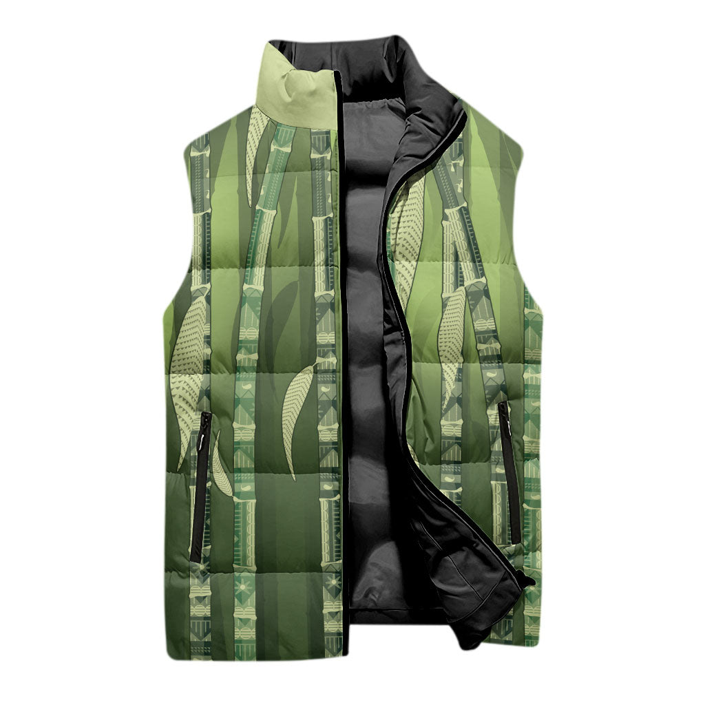 Personalised Fiji Language Week Sugarcane Masi Sleeveless Puffer Jacket Green Tapa Tribal Pattern