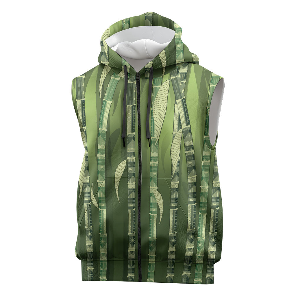Personalised Fiji Language Week Sugarcane Masi Sleeveless Zip Hoodie Green Tapa Tribal Pattern