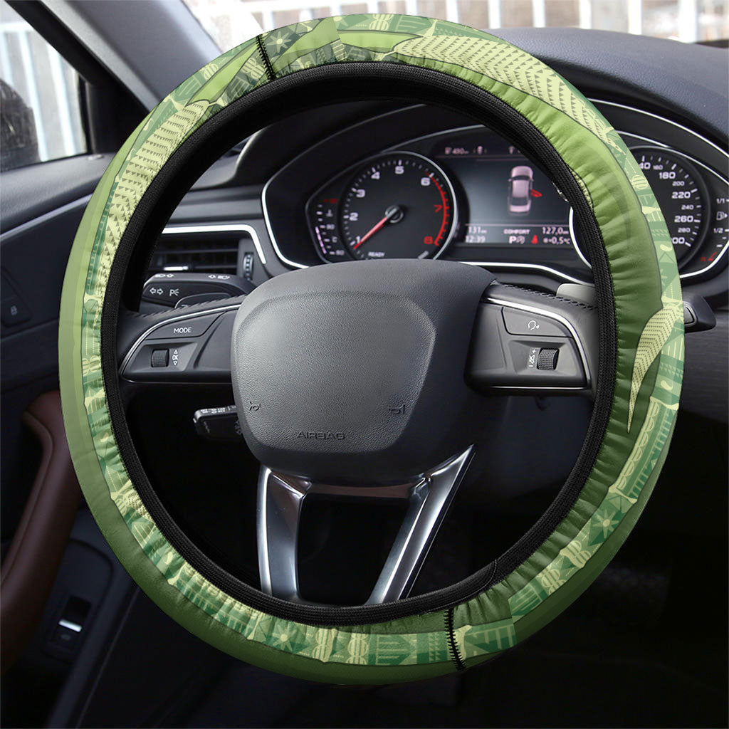 Fiji Language Week Sugarcane Masi Steering Wheel Cover Green Tapa Tribal Pattern