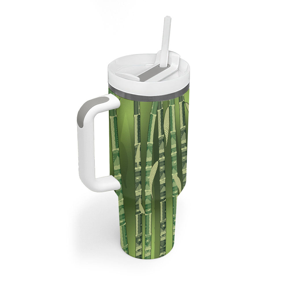 Personalised Fiji Language Week Sugarcane Masi Tumbler With Handle Green Tapa Tribal Pattern