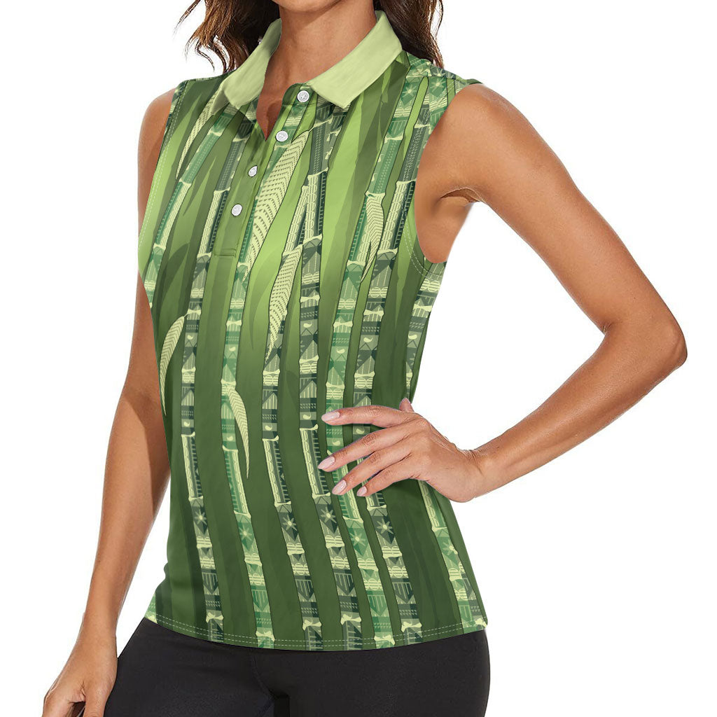 Personalised Fiji Language Week Sugarcane Masi Women Sleeveless Polo Shirt Green Tapa Tribal Pattern