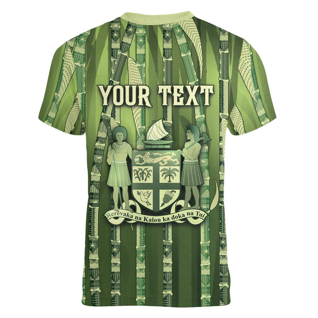 Personalised Fiji Language Week Sugarcane Masi Women V-Neck T-Shirt Green Tapa Tribal Pattern