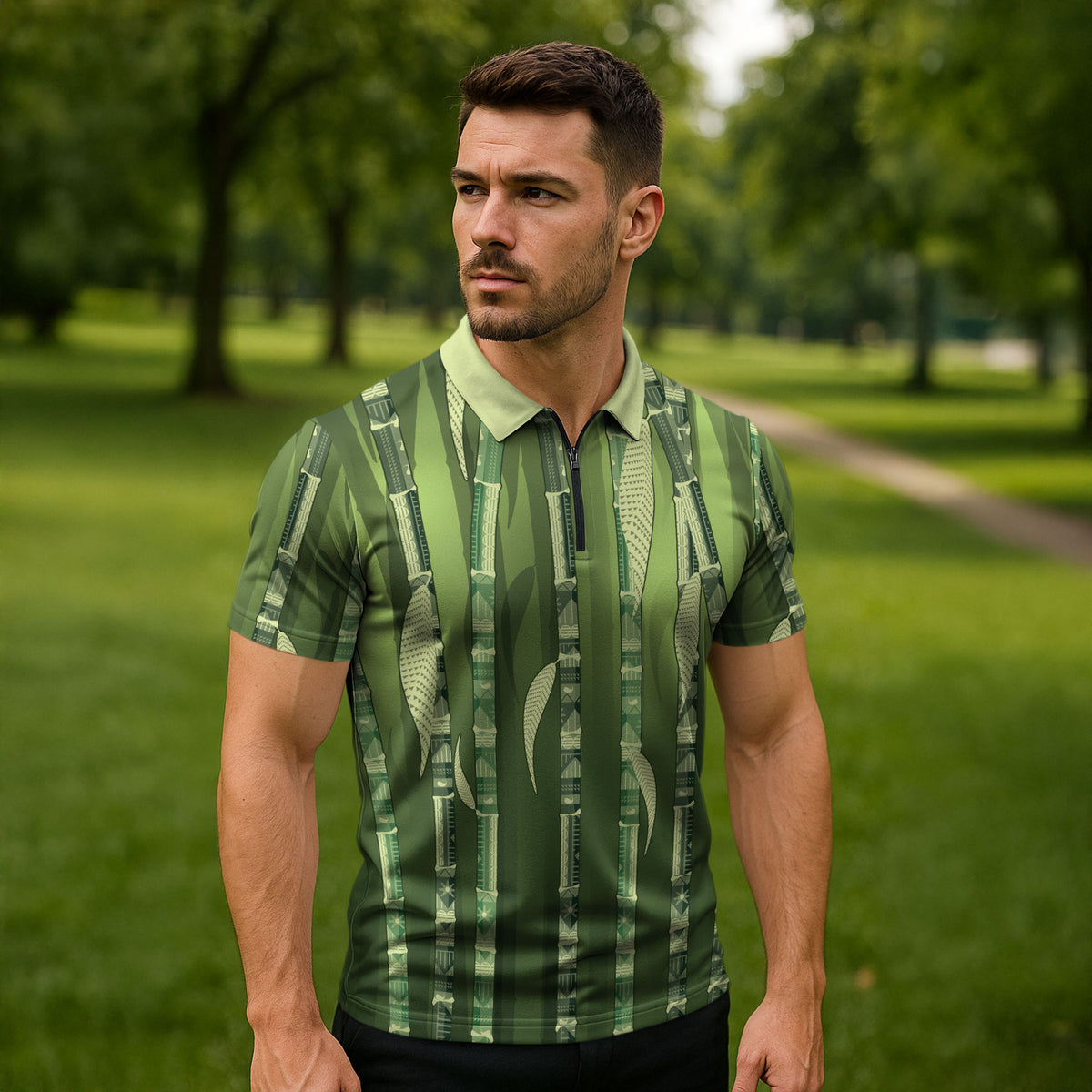 Personalised Fiji Language Week Sugarcane Masi Zipper Polo Shirt Green Tapa Tribal Pattern