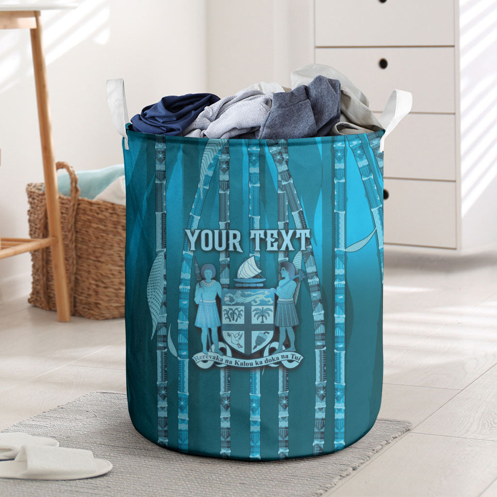 Personalised Fiji Language Week Sugarcane Masi Laundry Basket Blue Tapa Tribal Pattern
