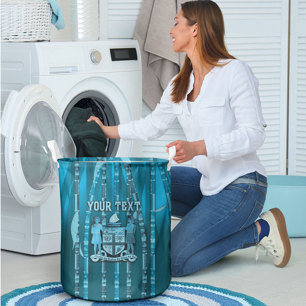 Personalised Fiji Language Week Sugarcane Masi Laundry Basket Blue Tapa Tribal Pattern
