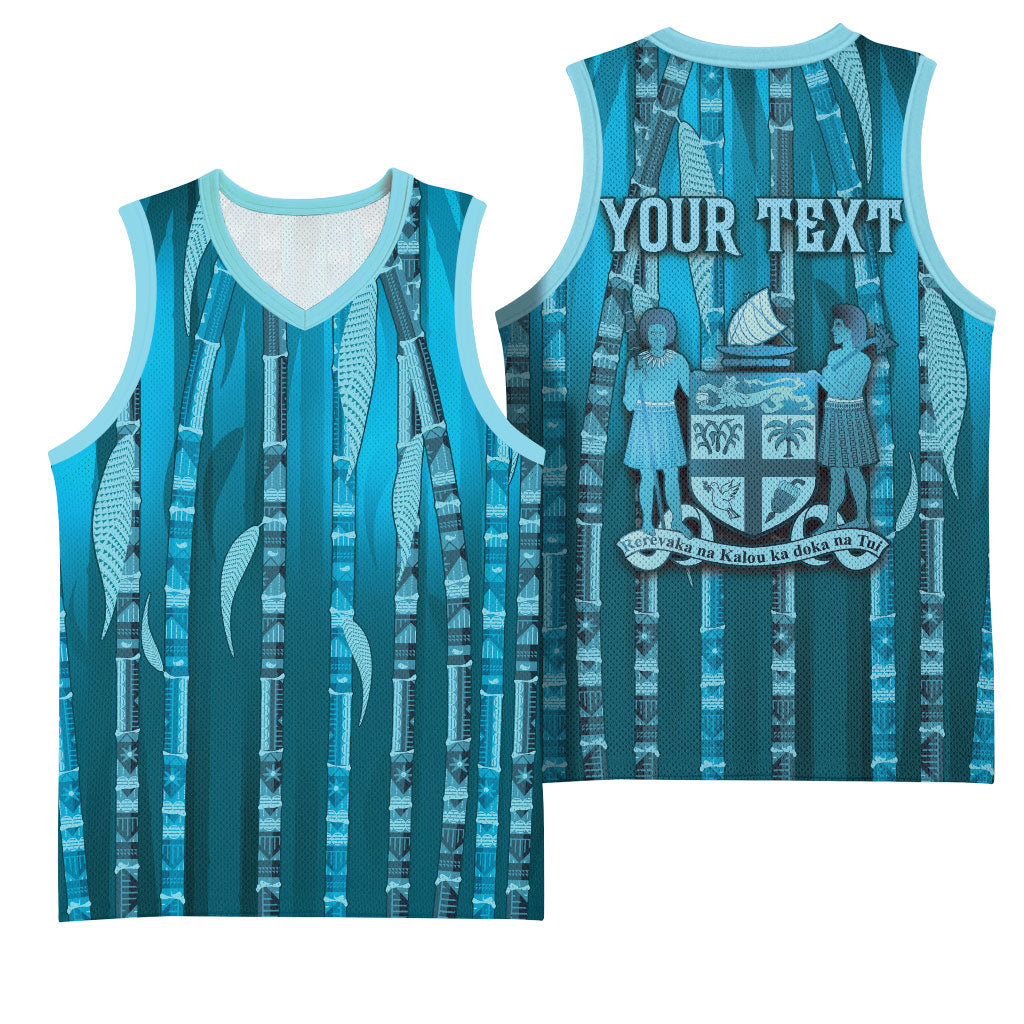 Personalised Fiji Language Week Sugarcane Masi Basketball Jersey Blue Tapa Tribal Pattern
