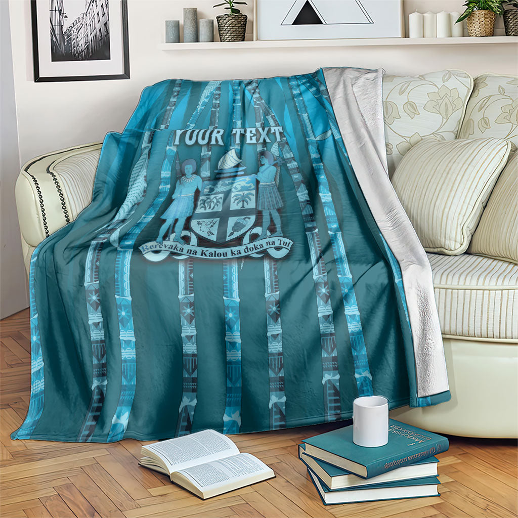 Personalised Fiji Language Week Sugarcane Masi Blanket Blue Tapa Tribal Pattern