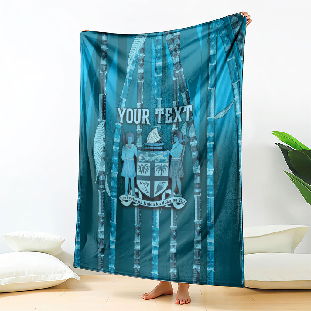 Personalised Fiji Language Week Sugarcane Masi Blanket Blue Tapa Tribal Pattern