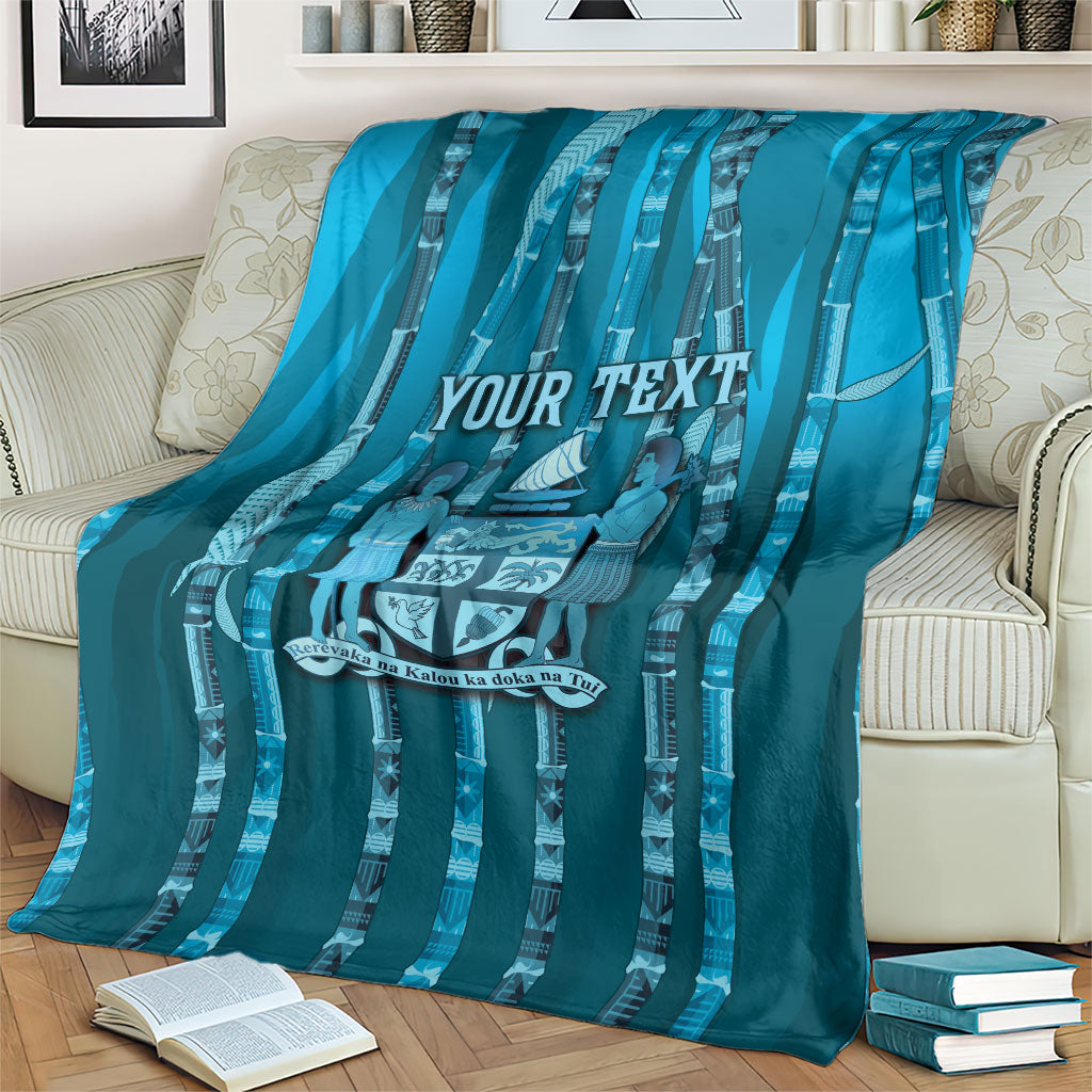 Personalised Fiji Language Week Sugarcane Masi Blanket Blue Tapa Tribal Pattern