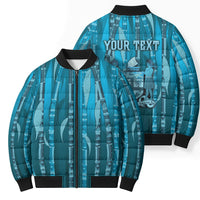 Personalised Fiji Language Week Sugarcane Masi Bomber Puffer Jacket Blue Tapa Tribal Pattern