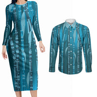 Personalised Fiji Language Week Sugarcane Masi Couples Matching Long Sleeve Bodycon Dress and Long Sleeve Button Shirt Blue Tapa Tribal Pattern