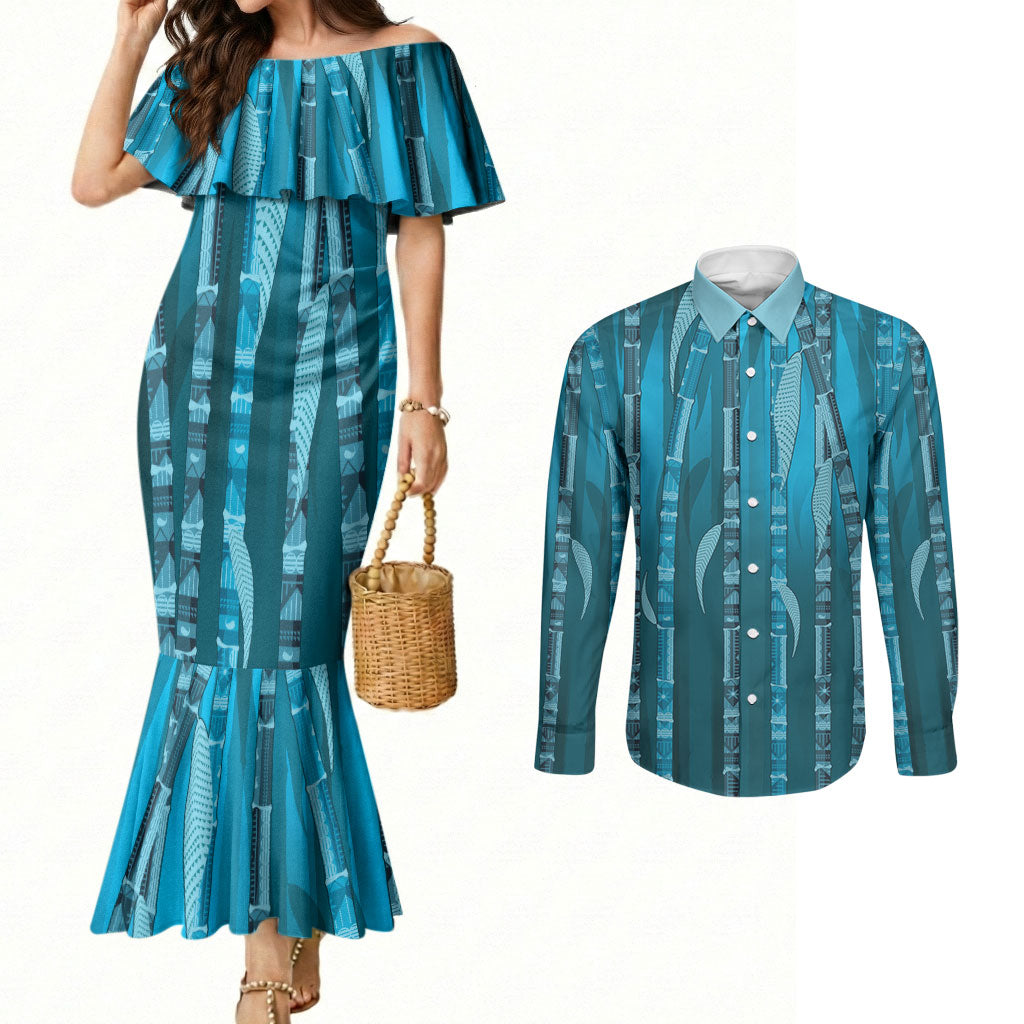 Personalised Fiji Language Week Sugarcane Masi Couples Matching Mermaid Dress and Long Sleeve Button Shirt Blue Tapa Tribal Pattern