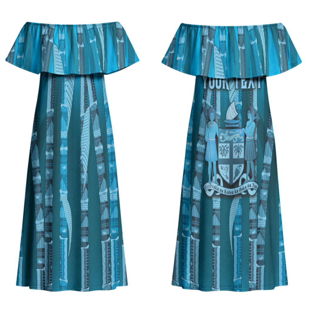 Personalised Fiji Language Week Sugarcane Masi Couples Matching Off Shoulder Maxi Dress and Long Sleeve Button Shirt Blue Tapa Tribal Pattern