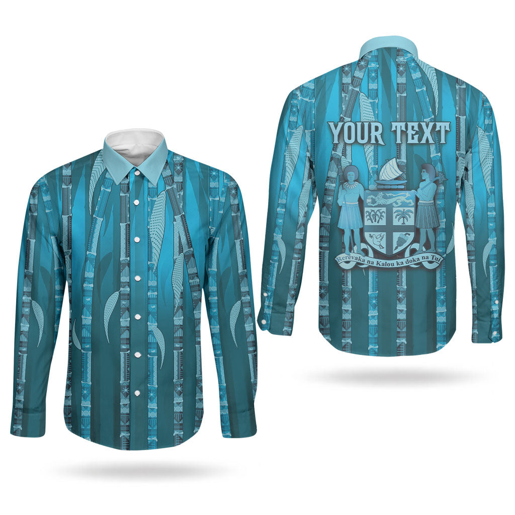 Personalised Fiji Language Week Sugarcane Masi Couples Matching Off Shoulder Short Dress and Long Sleeve Button Shirt Blue Tapa Tribal Pattern