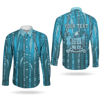 Personalised Fiji Language Week Sugarcane Masi Couples Matching Off Shoulder Short Dress and Long Sleeve Button Shirt Blue Tapa Tribal Pattern