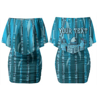 Personalised Fiji Language Week Sugarcane Masi Couples Matching Off Shoulder Short Dress and Long Sleeve Button Shirt Blue Tapa Tribal Pattern